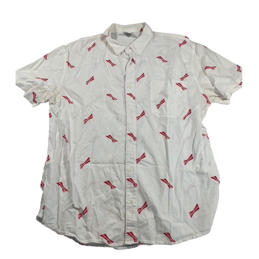Budweiser Mens Button Up Shirt L White All Over Bowtie Logo Short Sleeve Work